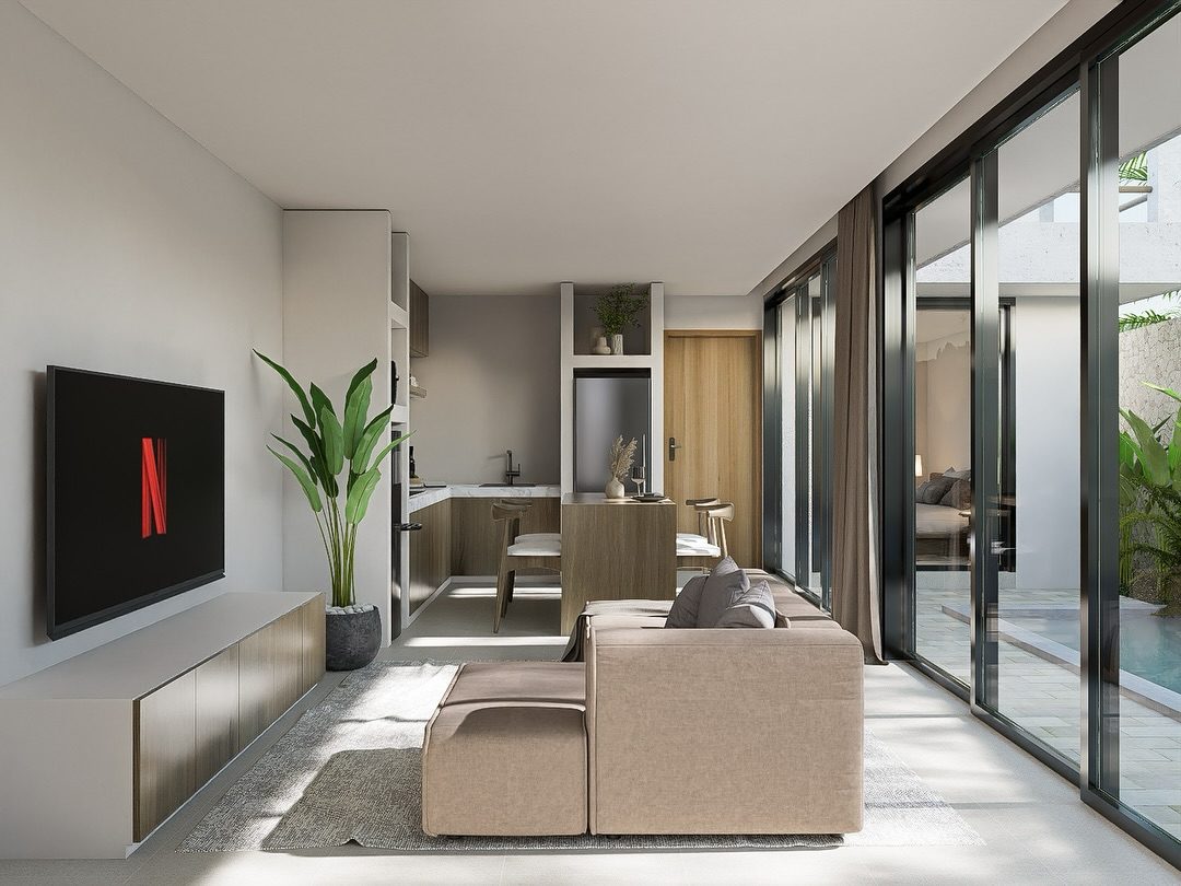 Casas Bali open plan living room with pool view